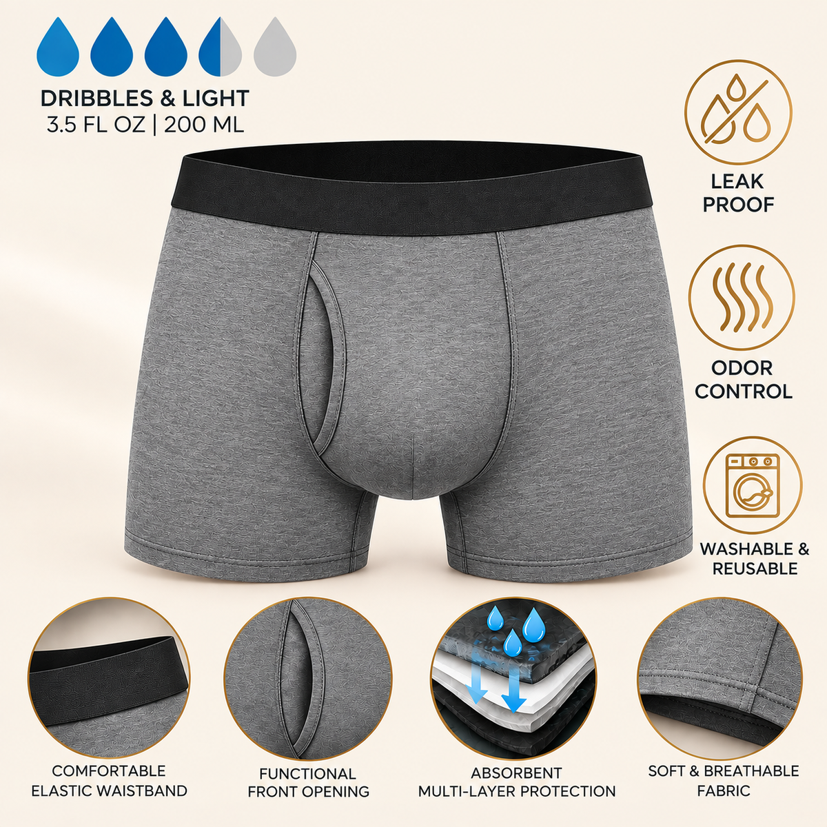 Graue Herren-Boxershorts mit schwarzem Bund, Lieferantengrafik