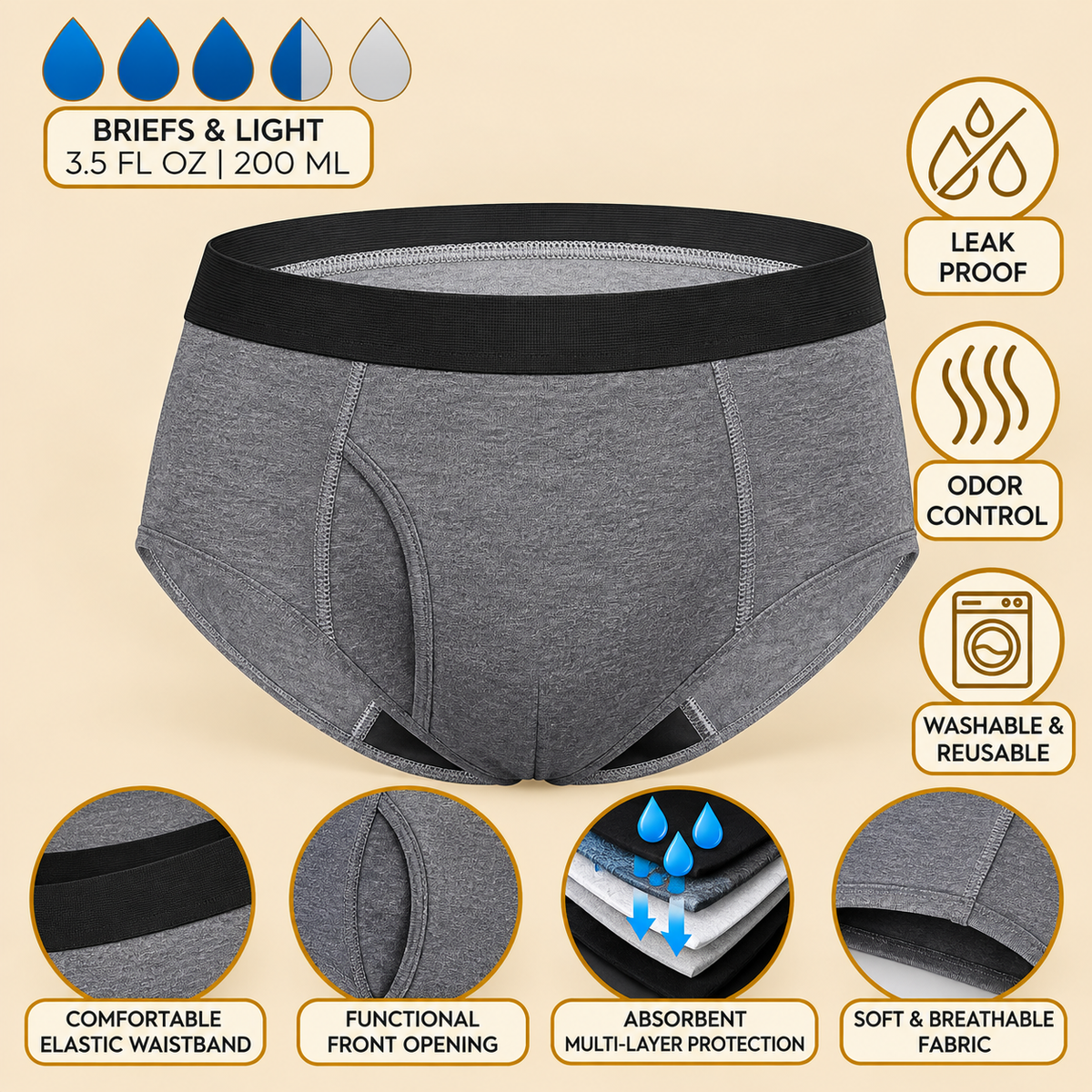 Grauer Herren-Slip mit schwarzem Bund, Produktinfografik