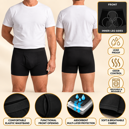 Schwarze Boxershorts am Model, Vorder- und Rückansicht als Schnittreferenz