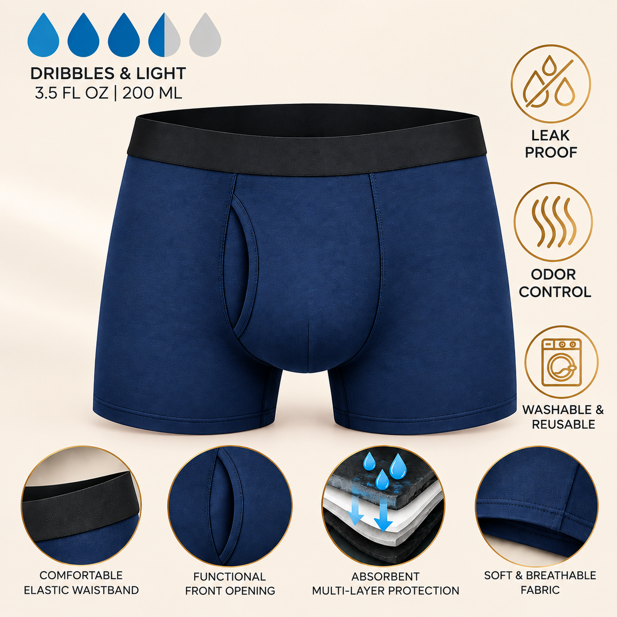 Marineblaue Herren-Boxershorts mit schwarzem Bund, Lieferantengrafik